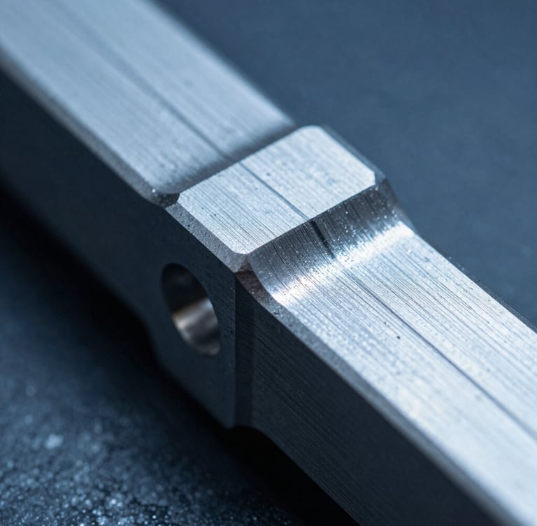 Macro close-up of a machined titanium component with visible tool paths, sharp metallic edges, cool blue industrial lighting, 50mm lens