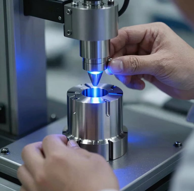 Close-up of industrial quality control engineer analyzing a machined titanium component under blue light, technical shop floor environment