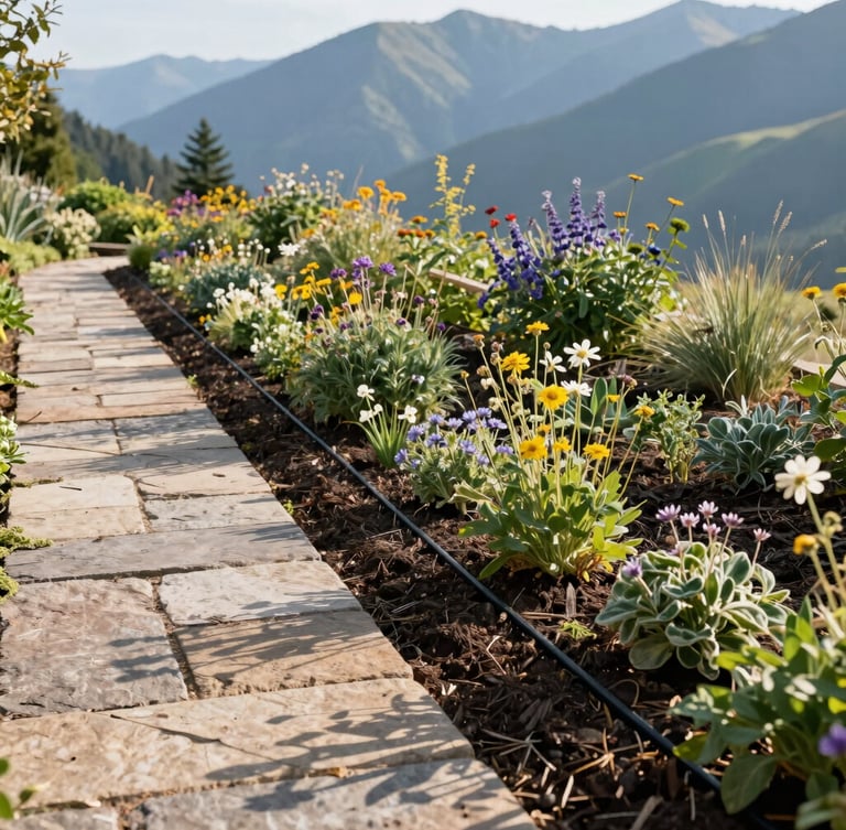 A beautifully structured high-altitude garden with stone paths, native wildflowers, and a drip irrigation line hidden under rich soil mulch, morning shadows