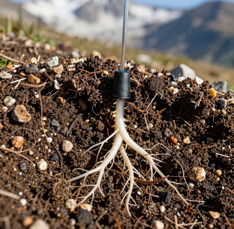Macro shot of rich organic mountain soil mixed with fine gravel, healthy white plant roots spreading deep, drip irrigation emitter slowly watering the base, crisp morning alpine sunlight with sharp shadows.