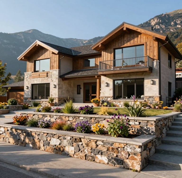 Wide environmental shot of a modern mountain home with a structured stone retaining wall and native perennials, crisp early morning sunlight with long shadows, 35mm lens