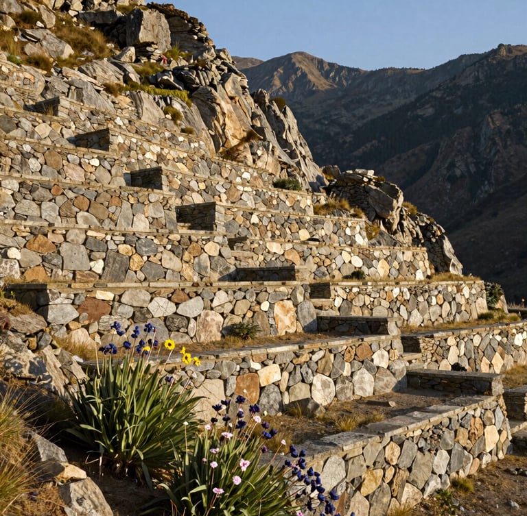 Crisp early morning sunlight illuminating a structured stone retaining wall integrated into a rugged mountain slope, native perennials in the foreground, 35mm lens