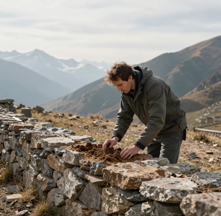 A landscape architect examining soil texture next to a dry stone wall, soft overcast alpine light, 35mm lens