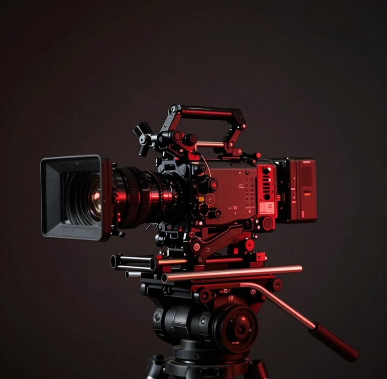 Extreme portrait crop of a professional camera operator on a heavy cinema rig, low-key dramatic lighting with a single red accent light tracing the camera silhouette, dark studio background.