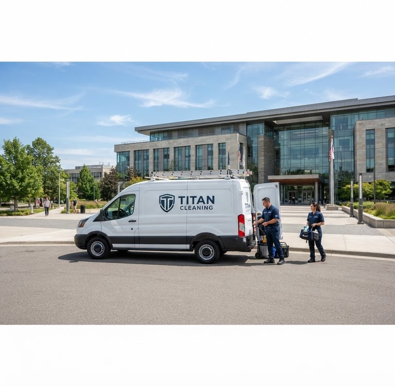 Wide shot of a branded Titan Cleaning fleet vehicle parked outside a modern government building, bright daylight, clear sky, uniformed team members visible, professional corporate tones.