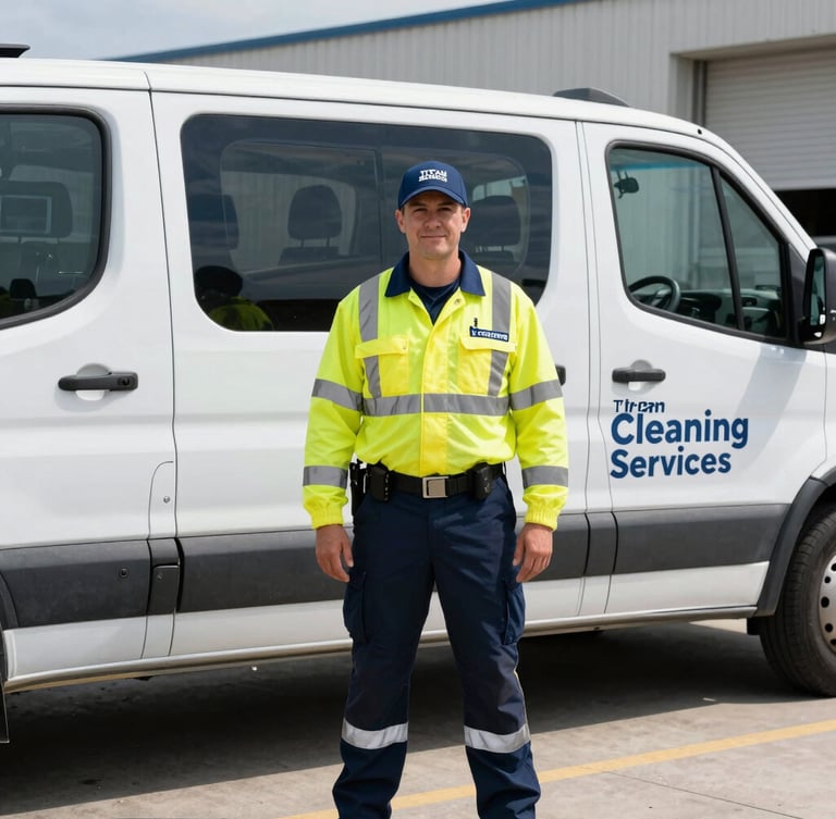 Portrait shot of a uniformed Titan Cleaning Services LLC team member in high-visibility safety gear standing next to a branded fleet vehicle, bright daylight, clean industrial environment, sharp focus, 35mm