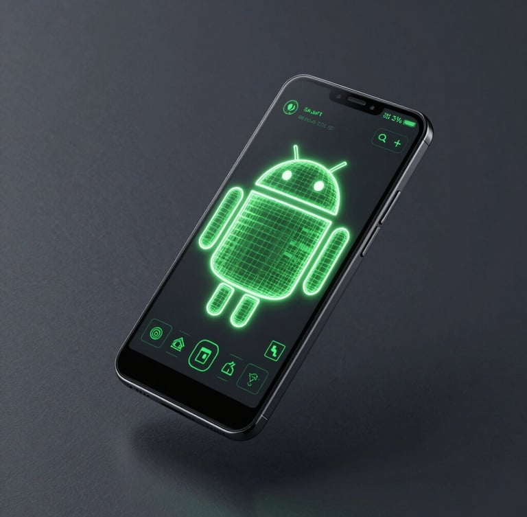 Sleek 3d render of an Android device mockup floating in a dark high-tech space, electric green UI wireframe glowing on screen, isometric angle, minimalist slate background