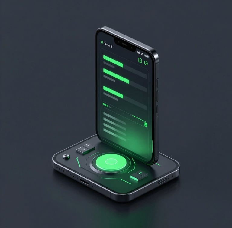 Sleek 3D render of an isometric Android device mockup showing a dark high-tech terminal UI, glowing electric green accents, crisp studio lighting, deep slate background.