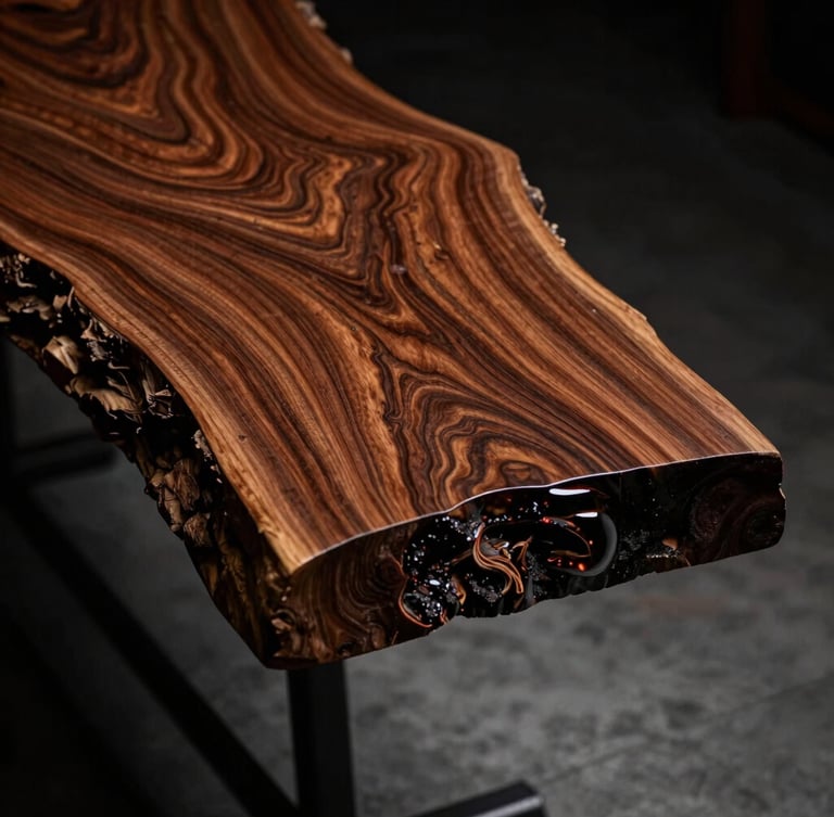 Dramatic side-lighting on a raw, live-edge slab of ancient Indian teak wood, displaying deep rich grain patterns and rugged natural textures, moody studio setting.