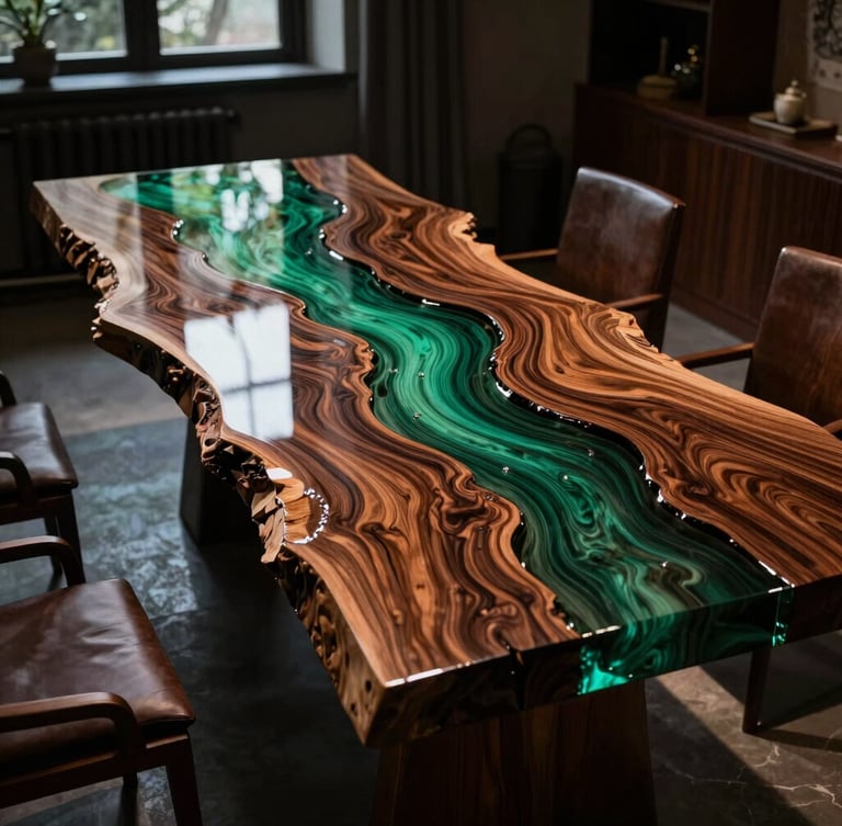 Dramatic side-lighting on a massive live-edge rosewood dining table with deep emerald epoxy resin river, glossy surface reflections, high-end architectural dining room setting, wide shot