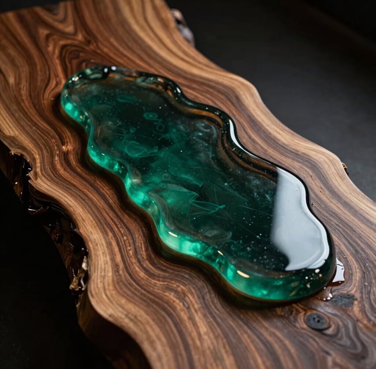 Dramatic overhead macro shot of a live-edge teak wood slab merging with deep, optical-grade emerald-tinted liquid resin, glistening hand-polished surface catching low-key side studio lighting, rich wood grains, shallow depth of field.