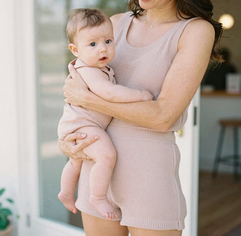 Candid lifestyle photo of a mother holding her baby wearing a soft dusty rose knit romper, gentle natural daylight, warm boutique aesthetic.