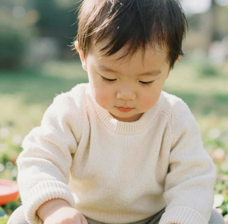 Candid lifestyle photo of a toddler playing in a sunny garden, wearing a soft cream knit sweater, warm natural daylight, shallow depth of field, 35mm film look
