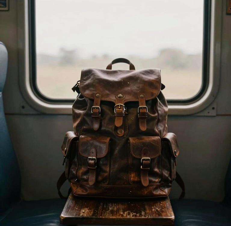 A close-up detail shot of high-end travel gear, a vintage leather backpack on a weathered wooden train seat, soft golden hour light filtering through the window, moody 35mm