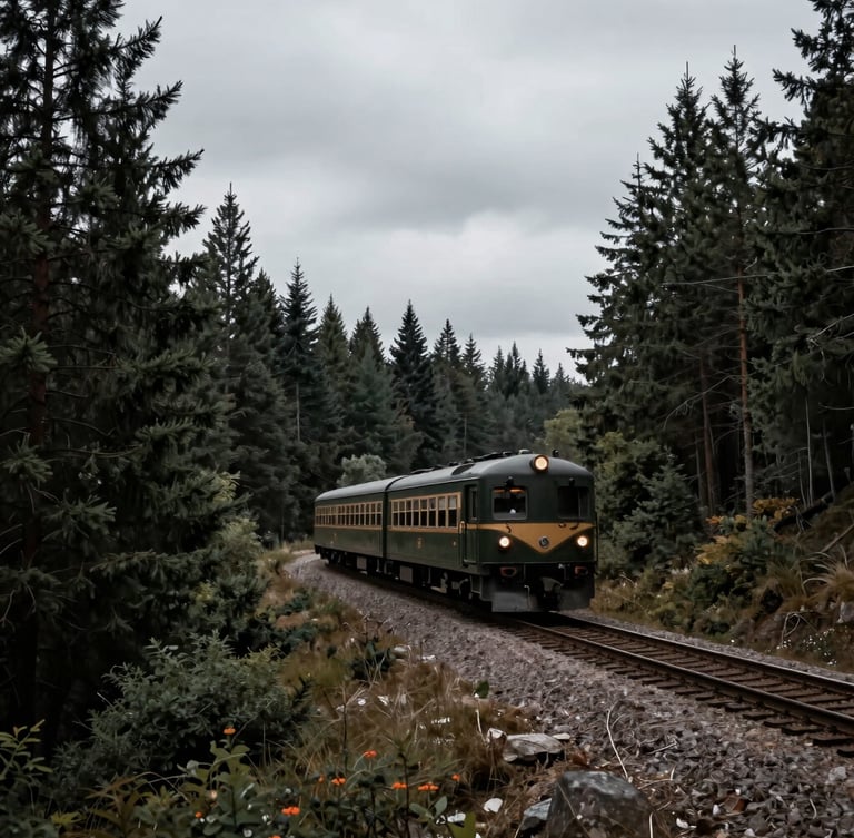 A wide cinematic shot of a vintage train winding through a dense pine forest under an overcast sky, low-contrast moody lighting.