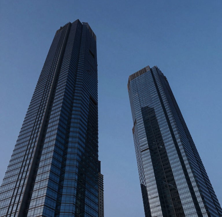 Low-angle architectural photography of Noida skyline during the blue hour, towering steel-and-glass skyscraper reflecting deep indigo sky, clean geometric lines
