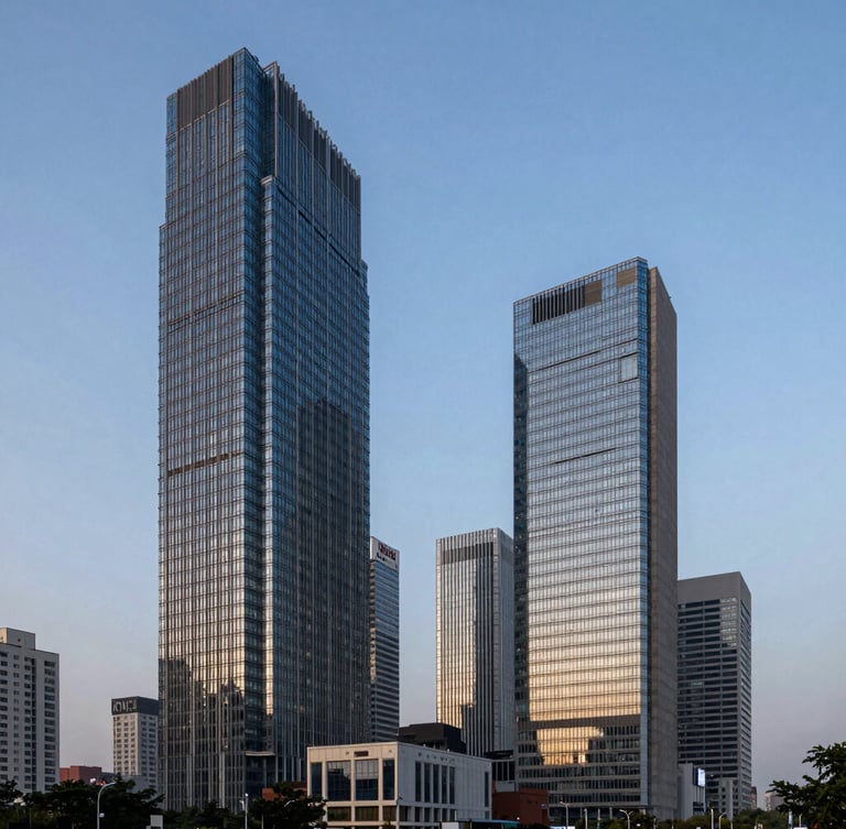 Wide-angle architectural photograph of Noida's Sector 62 skyline during the blue hour, featuring modern steel-and-glass commercial towers with clean geometric lines, expansive sky, and low horizon.