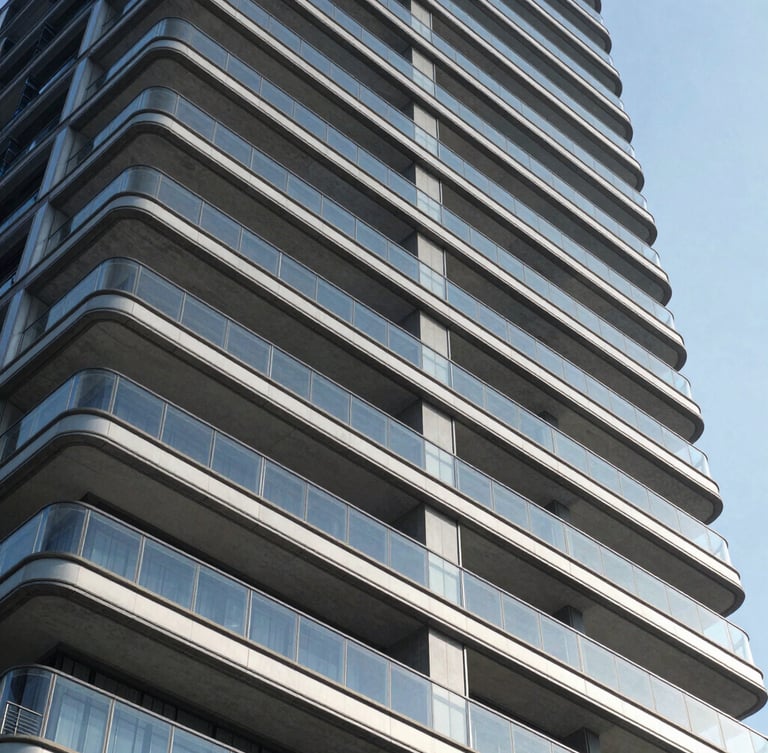 Low-angle architectural shot of a modern luxury residential tower facade, glass balconies reflecting blue sky, concrete geometric lines
