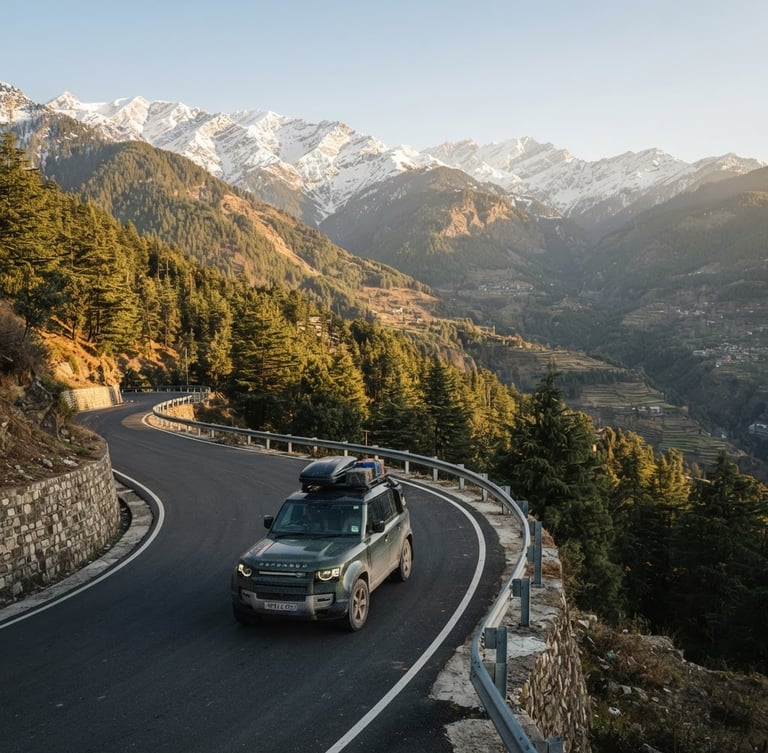 Wide environmental landscape of a private comfortable SUV driving on a clean winding mountain road in Shimla, surrounded by majestic snow-capped peaks and tall pine trees under warm morning golden sun.