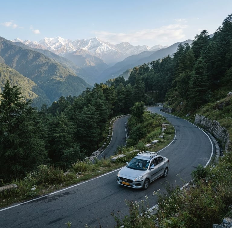 Wide environmental shot of a clean private cab driving along a winding mountain road lined with tall pine trees, majestic snow-capped peaks of Himachal Pradesh in the far background, crisp morning light, 35mm lens