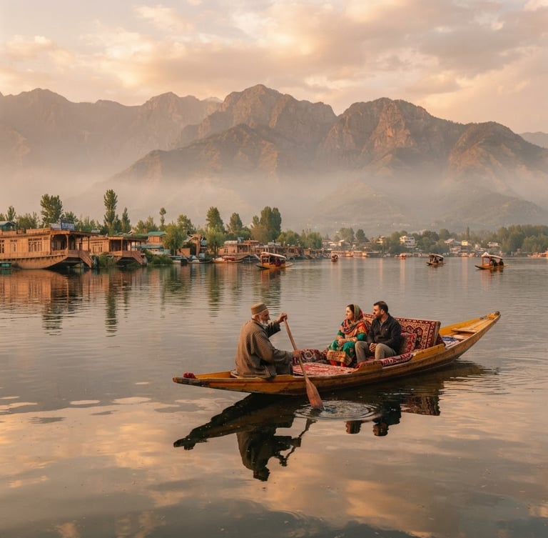 A wooden shikara boat floating on the calm waters of Dal Lake at golden hour, misty mountains in the background, warm natural tones, 35mm lens.