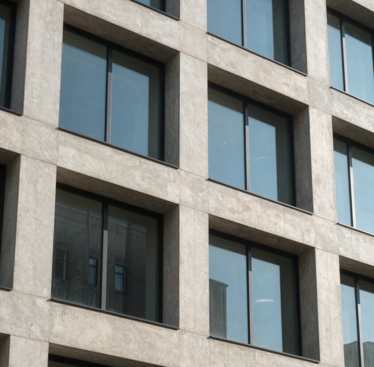 Close-up of a modern building facade with clean concrete lines and large windows under bright daylight