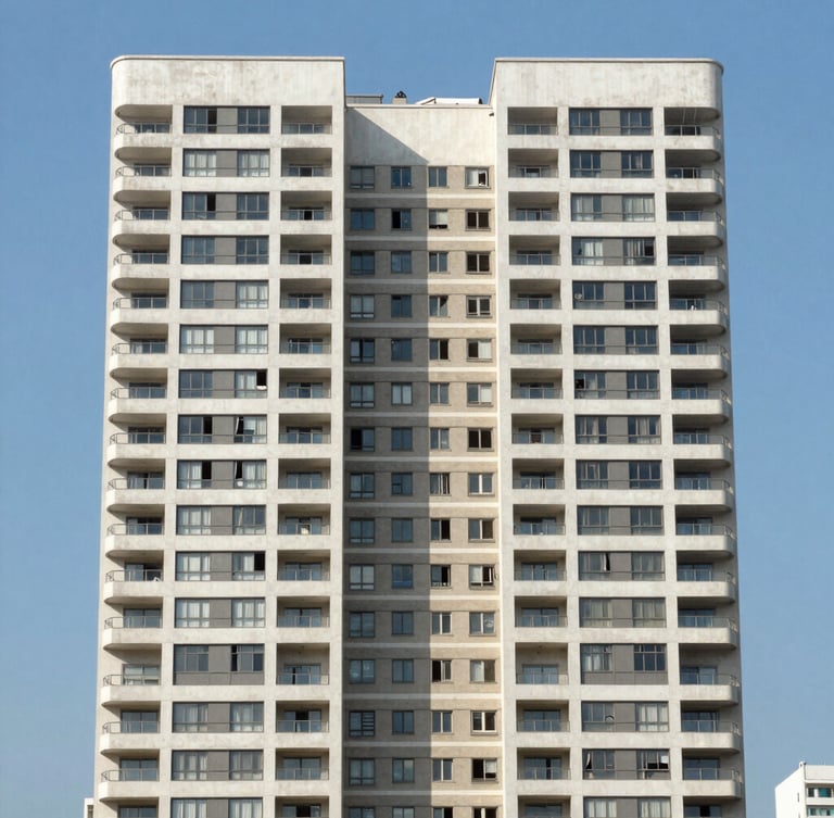 Symmetrical architectural crop of a modern high-rise residential building in São Paulo, clean lines, bright natural daylight, blue sky background.