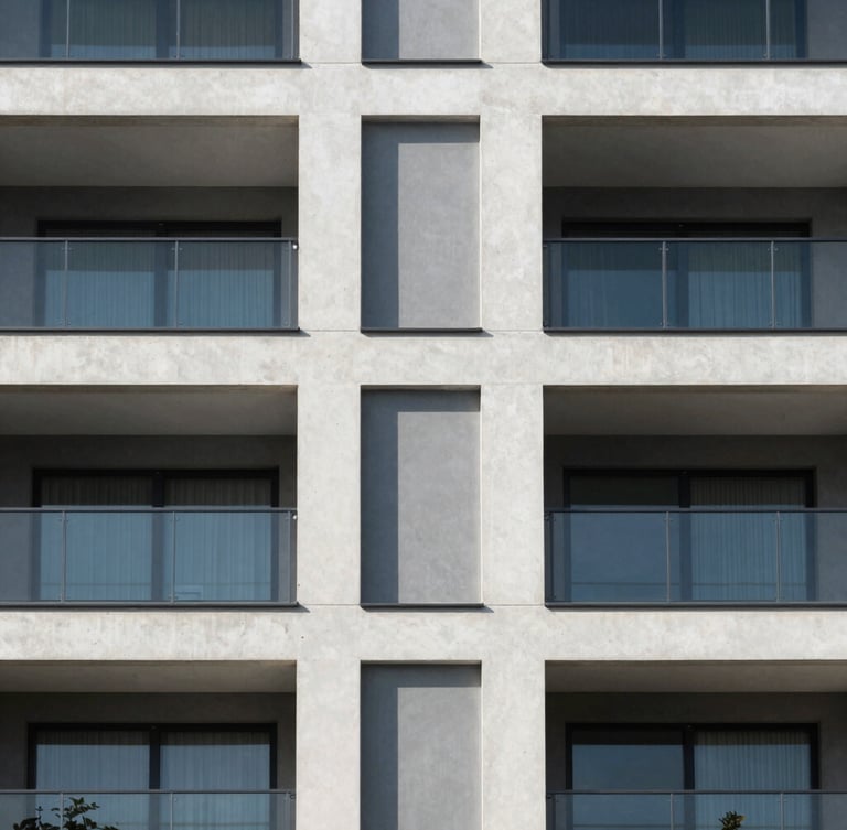 Symmetrical architectural crop of a modern residential building facade with clean concrete lines and glass balconies, bright natural daylight, sharp shadows, minimalist composition