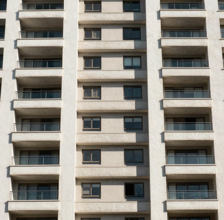 Symmetrical architectural crop of a modern, clean residential building facade in Brazil, bright natural daylight, sharp shadows, prestigious and secure feel.