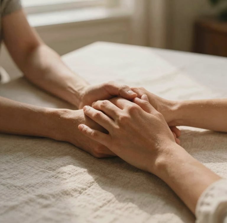 A close-up of hands gently holding hands over a soft linen tablecloth, warm golden-hour lighting, respectful interaction, 35mm