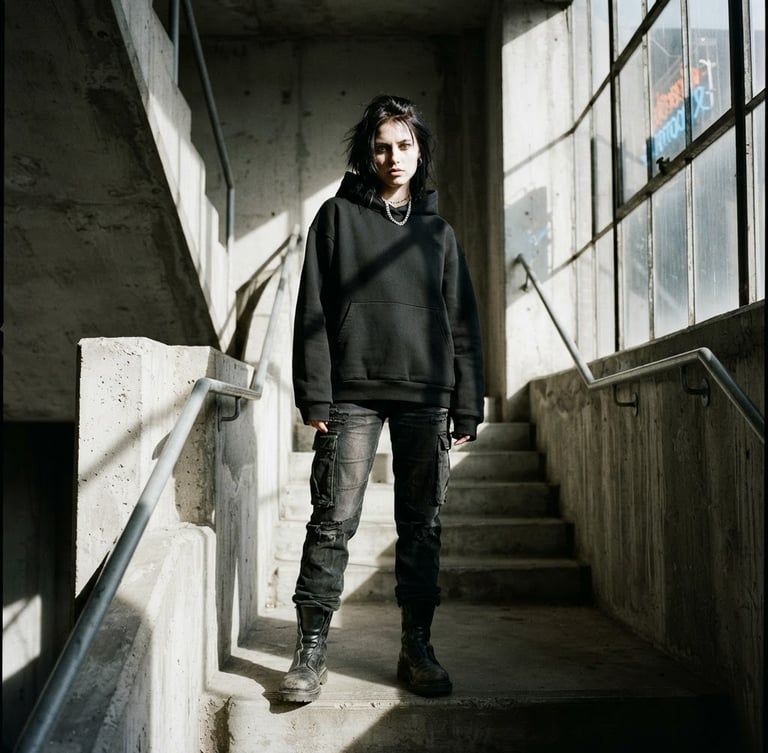 Low-angle gritty urban fashion photography, harsh direct sunlight casting high-contrast shadows on a model standing in a brutalist concrete stairwell wearing a structured black hoodie, 35mm film style.