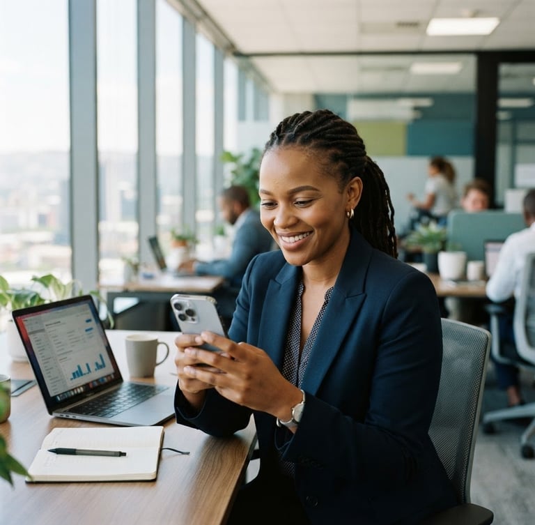 Professional Batswana woman in a modern Gaborone office, smiling confidently while looking at a mobile phone, bright natural daylight, subtle corporate blue and green tones, shallow depth of field, 35mm.