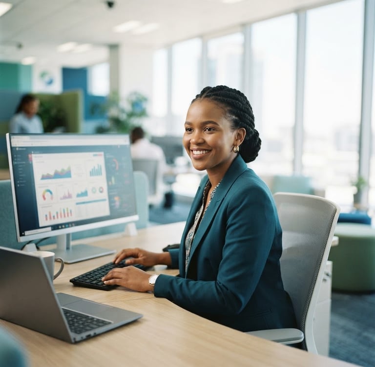 Professional Batswana woman in a modern office, smiling confidently, digital interface on screen, bright natural daylight, clean corporate blue and green tones, shallow depth of field, 35mm
