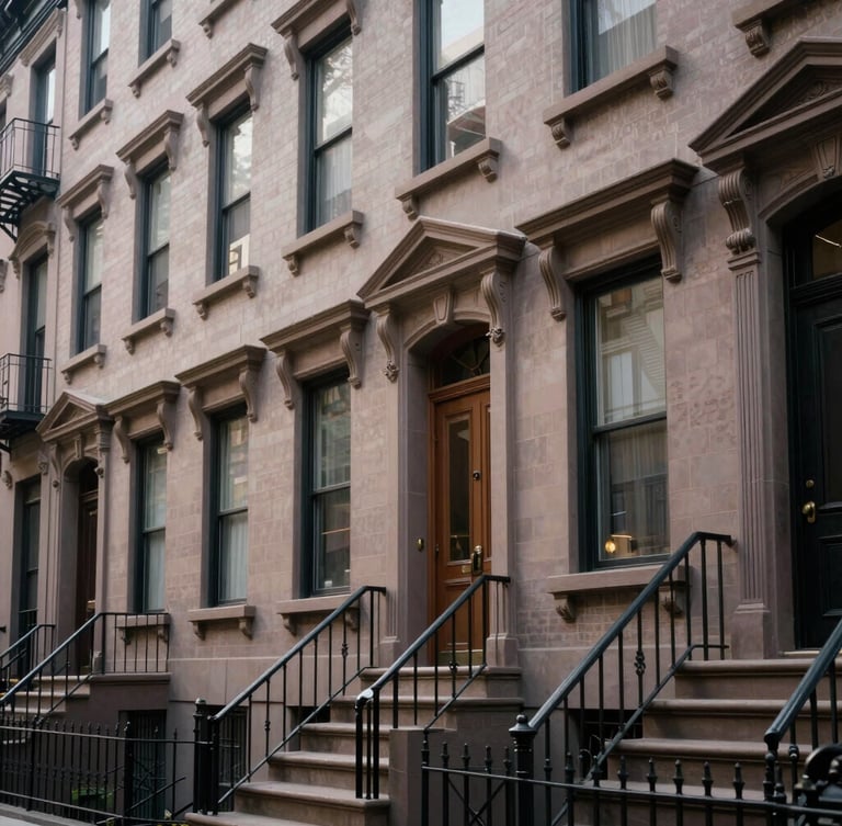Subtle, high-quality architectural detail of New York brownstones and streetscape under natural, diffused daylight with soft shadows, vertical framing.