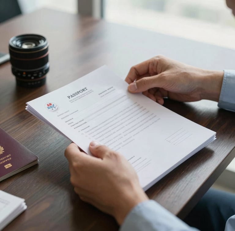 Close-up of professional hands organizing official travel documents and passport applications on a dark wooden desk under natural window light, clean and professional atmosphere.