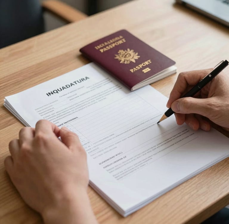 Inquadratura ravvicinata di mani che organizzano documenti ufficiali e passaporti su una scrivania in legno chiaro, illuminata da luce naturale diffusa