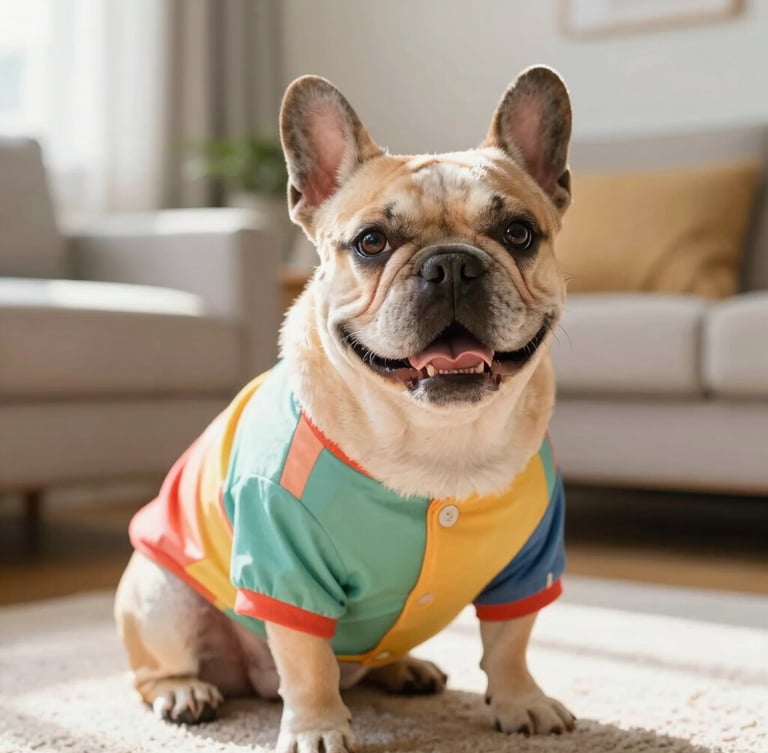 Eye-level portrait of a happy French bulldog wearing a colorful custom-tailored shirt, sitting in a bright sunlit living room, warm editorial pet photography style