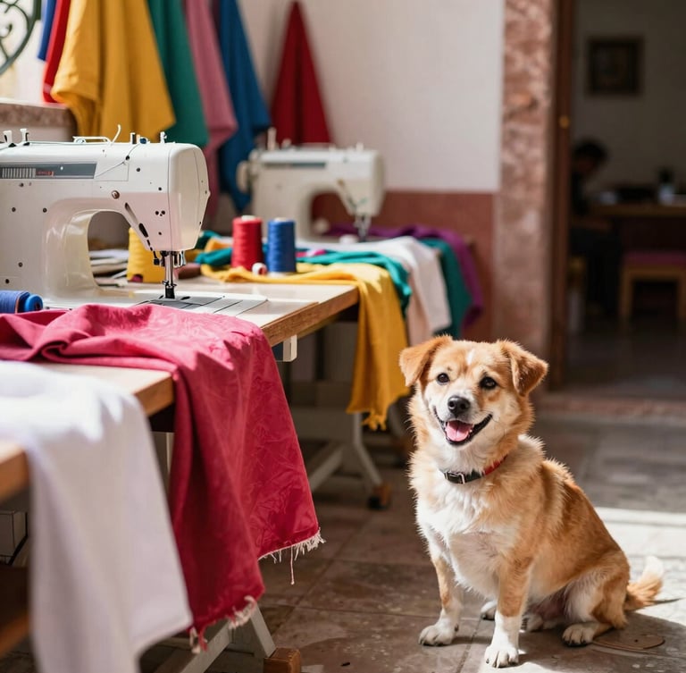 A warm, sunlit family workshop in Celaya, Guanajuato, with colorful fabrics, sewing machines, and a happy small dog sitting nearby