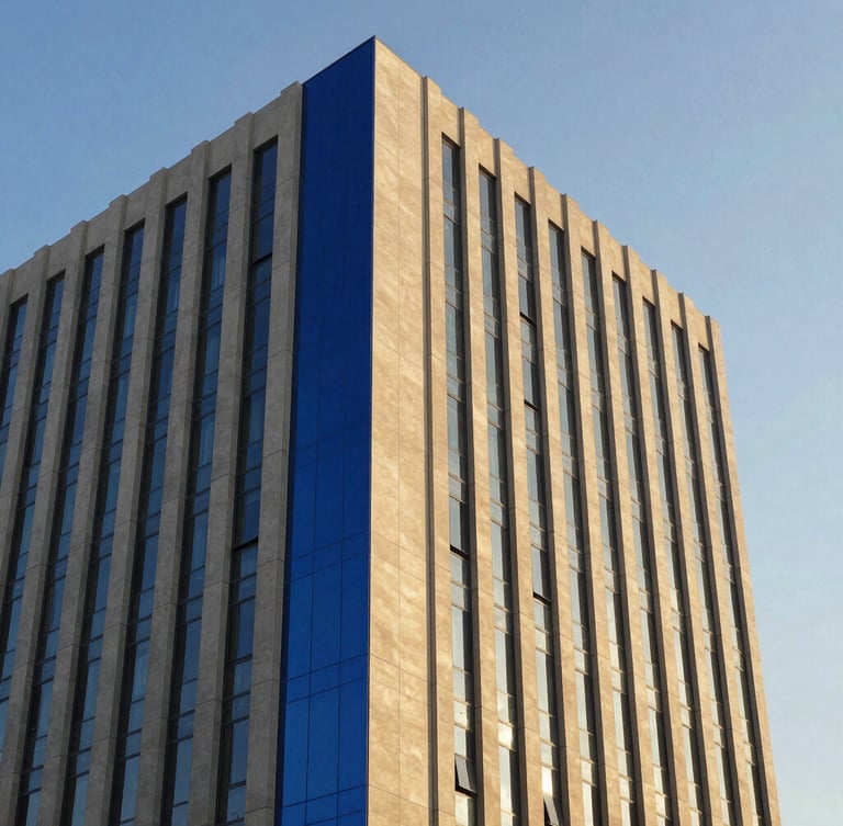 Détail architectural moderne d'un centre d'affaires à N'Djamena, lignes géométriques épurées, ciel bleu clair, reflets dorés du soleil sur le verre.