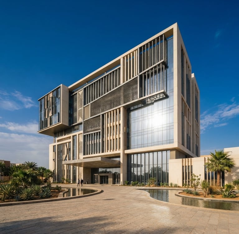 Premium editorial photography of modern corporate architecture in N'Djamena, bright natural daylight with warm golden undertones, deep royal blue sky, clean minimalist composition, 35mm lens.