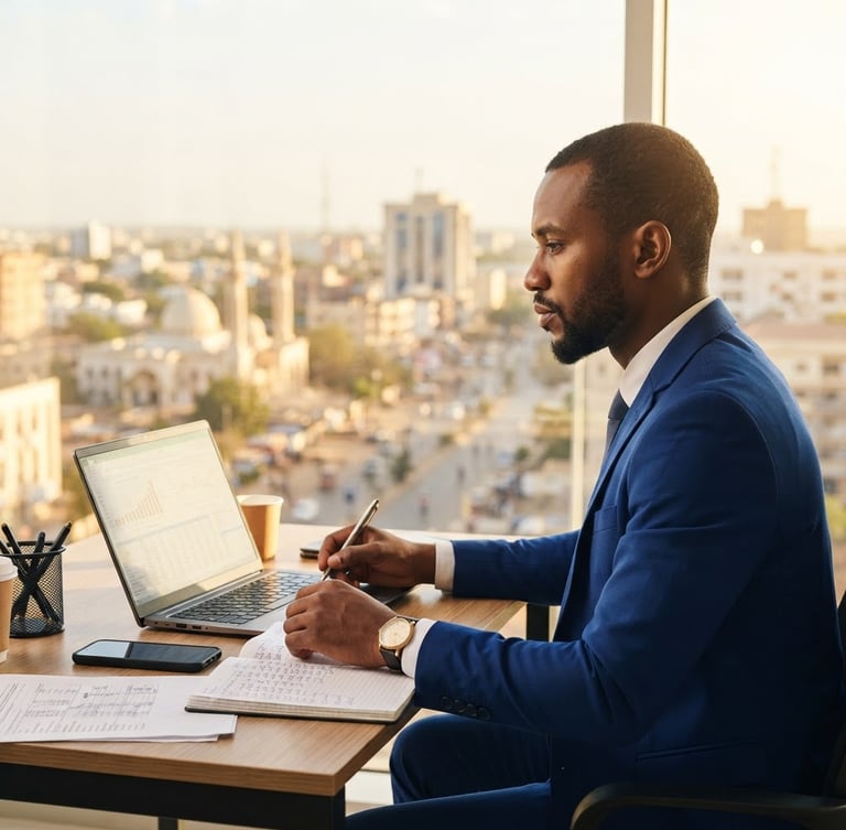 Portrait de profil d'un expert financier tchadien en costume, travaillant dans un bureau lumineux à N'Djamena, arrière-plan flou de la ville, lumière dorée du matin.