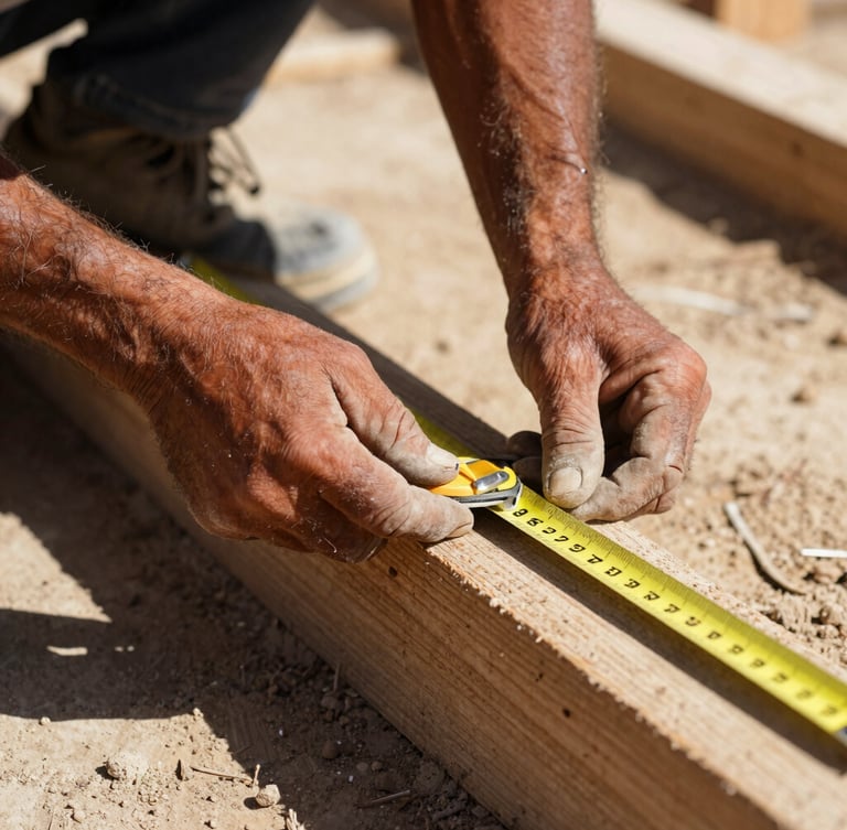 Close-up of a construction worker's weathered hands holding a measuring tape on a dusty wooden beam, harsh Southern California sunlight, high-contrast shadows.