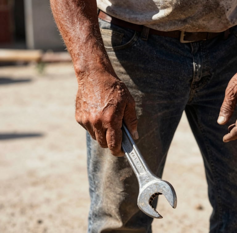 Close-up of a construction worker's weathered hands holding a heavy steel wrench, harsh Southern California sunlight, high-contrast, gritty 35mm documentary style.