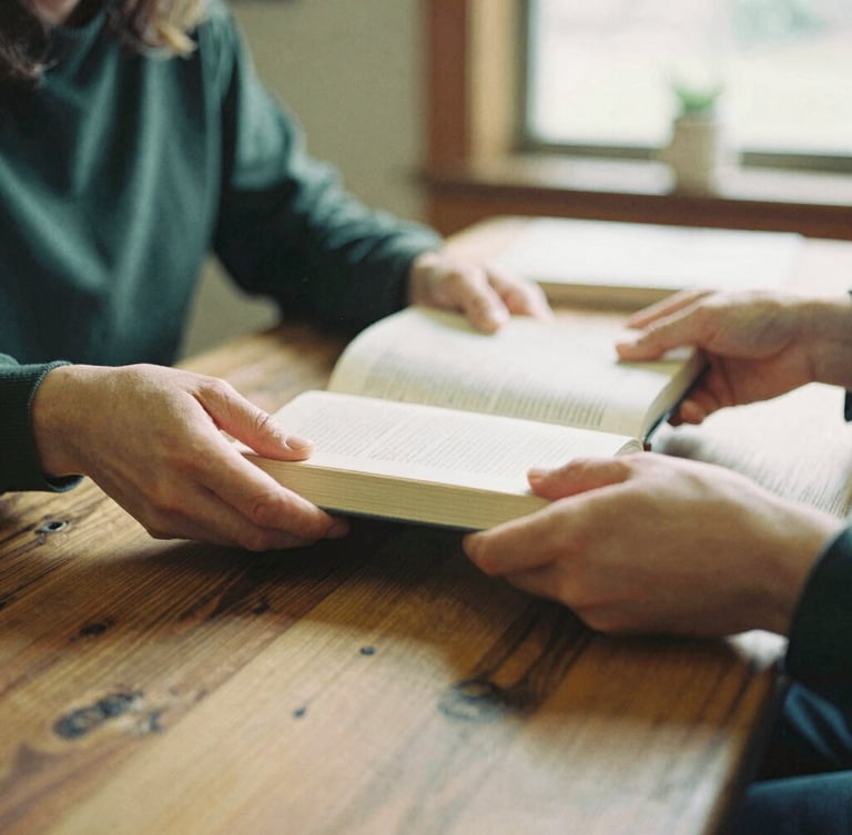 Candid medium shot of hands sharing books over a rustic cedar table, warm indoor community lighting, 35mm film style.
