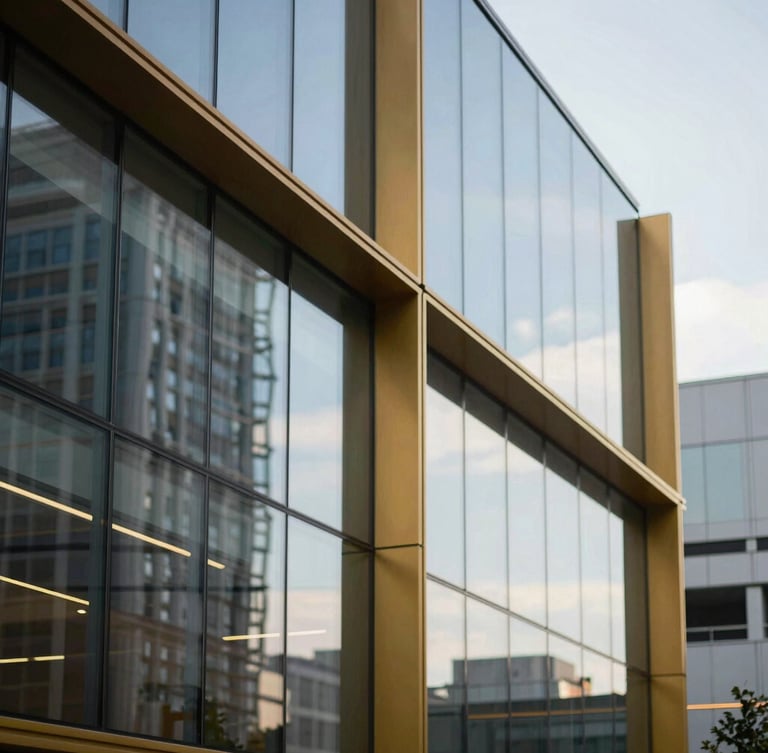 Sleek corporate office interior with architectural gold lines, cool daylight reflecting off glass partitions, sharp 35mm focus