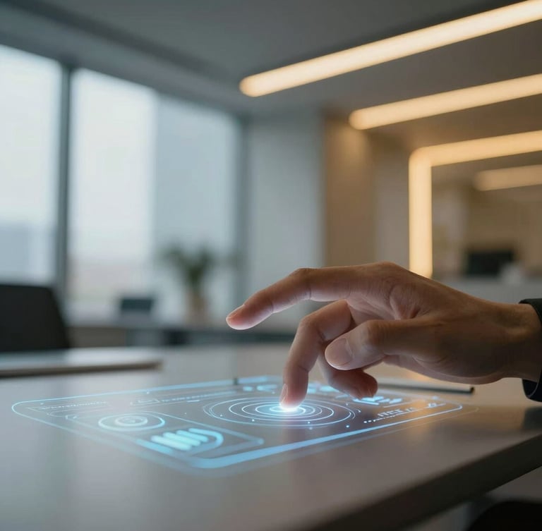 Sleek corporate workspace, macro shot of a hand interacting with a glowing digital interface, cool daylight mixed with warm gold ambient light, sharp focus, 35mm