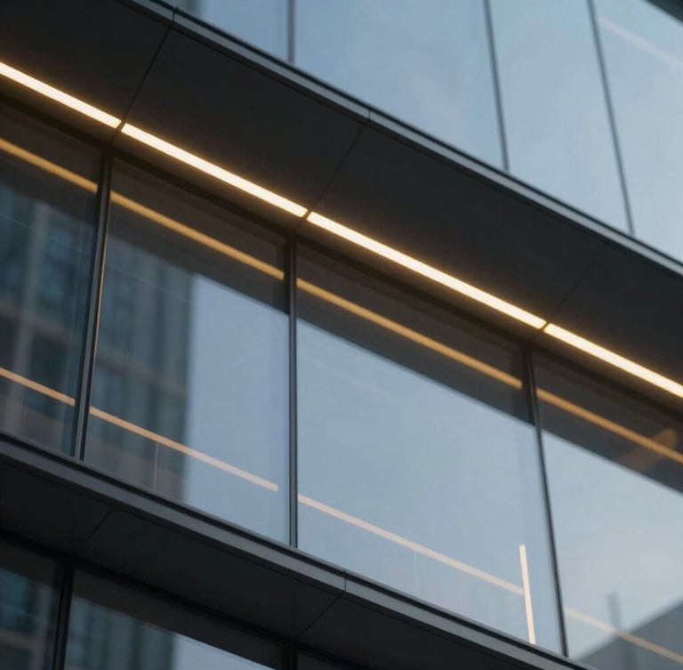 Macro detail of a high-end digital interface with glowing gold lines, cool daylight reflecting on dark glass, sleek corporate photography, 35mm