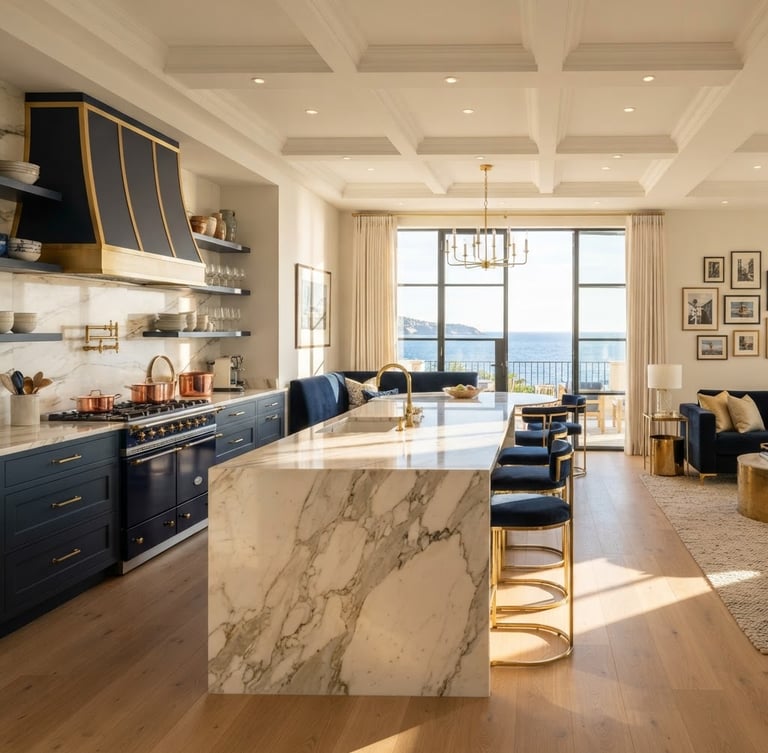 Wide shot of a pristine architectural interior, sunlight reflecting off immaculate marble countertops, with subtle gold accents, luxury architectural photography, bright warm coastal daylight, deep navy and gold accents, high-end editorial, 35mm
