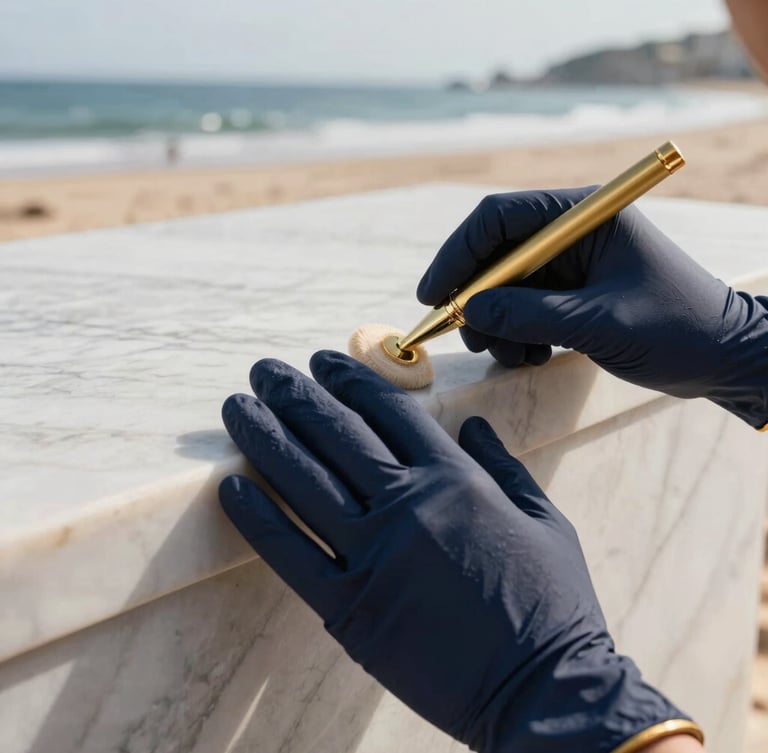 Close-up of a specialist's gloved hands gently polishing a section of antique marble, warm coastal daylight, deep navy and gold accents, high-end editorial, focusing on the delicate touch and pristine result, portrait aspect.