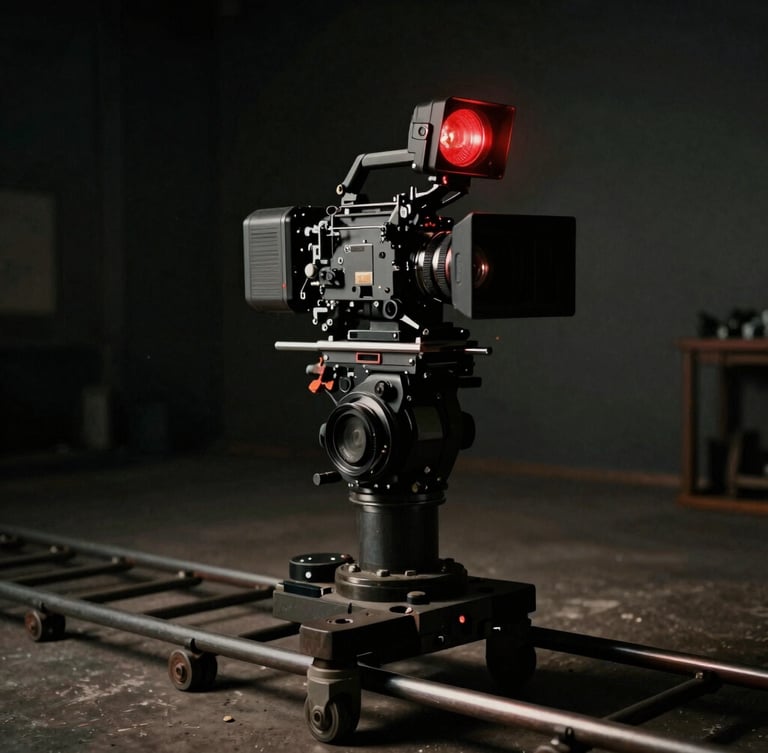 Cinematic film photography of a high-end cinema camera on a dolly track, moody low-key studio lighting, deep shadows, red tally light glowing, 35mm anamorphic lens.
